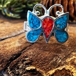 NOS Navajo Zuni Butterfly Ring Crushed Blue Turquoise Red Coral Bell Sterling 7
